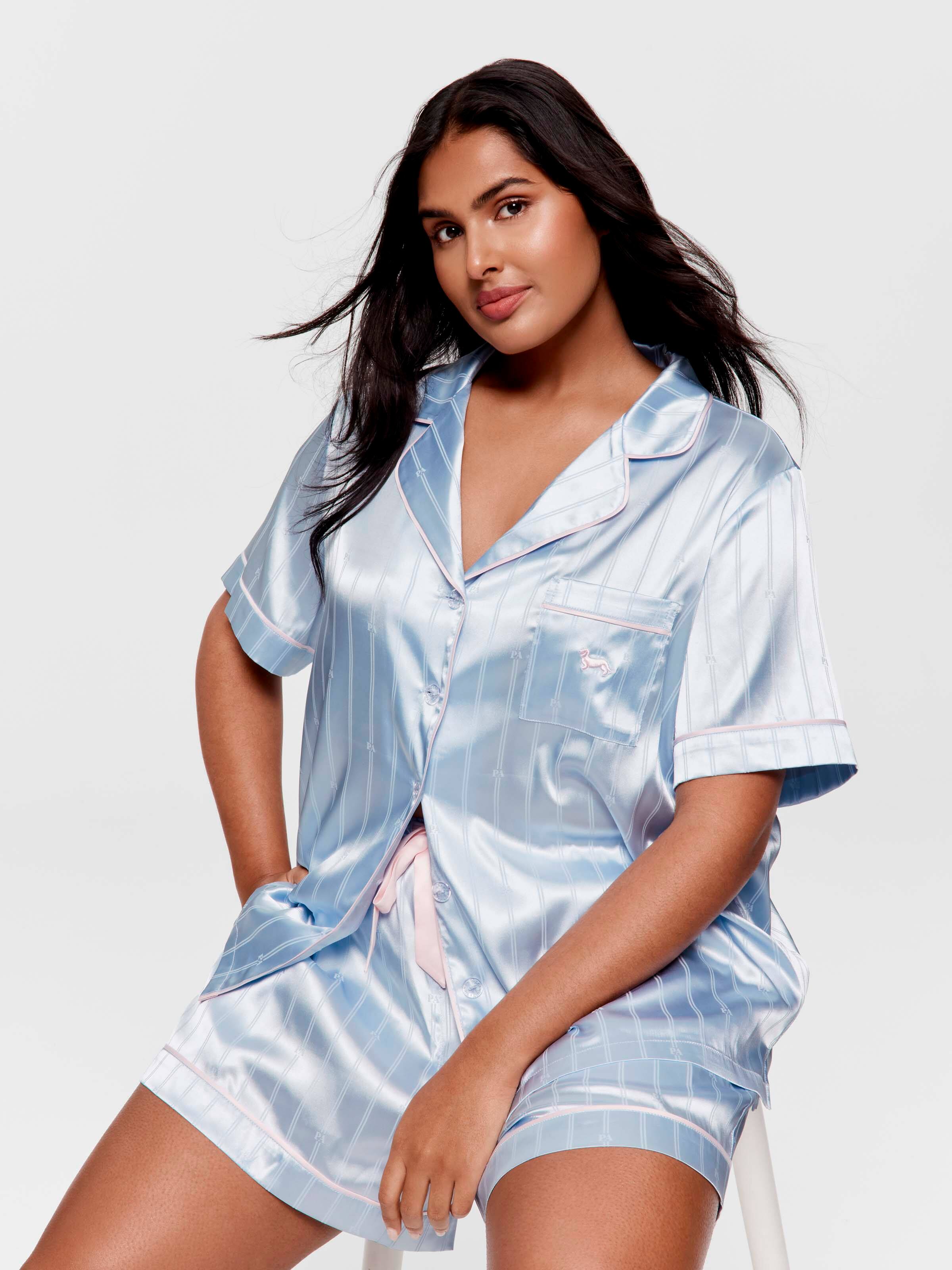 P.A. Plus Ice Logo Stripe Chic Satin Shortie Pj Set