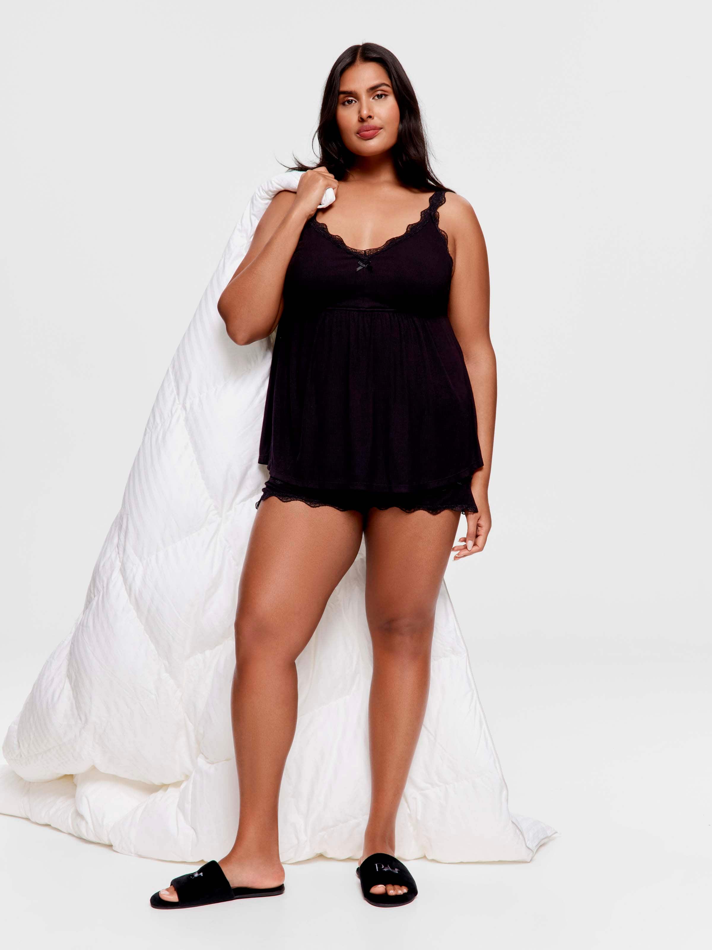 P.A. Plus Black Lace Trim Bamboo Rib Cami & Brief Set