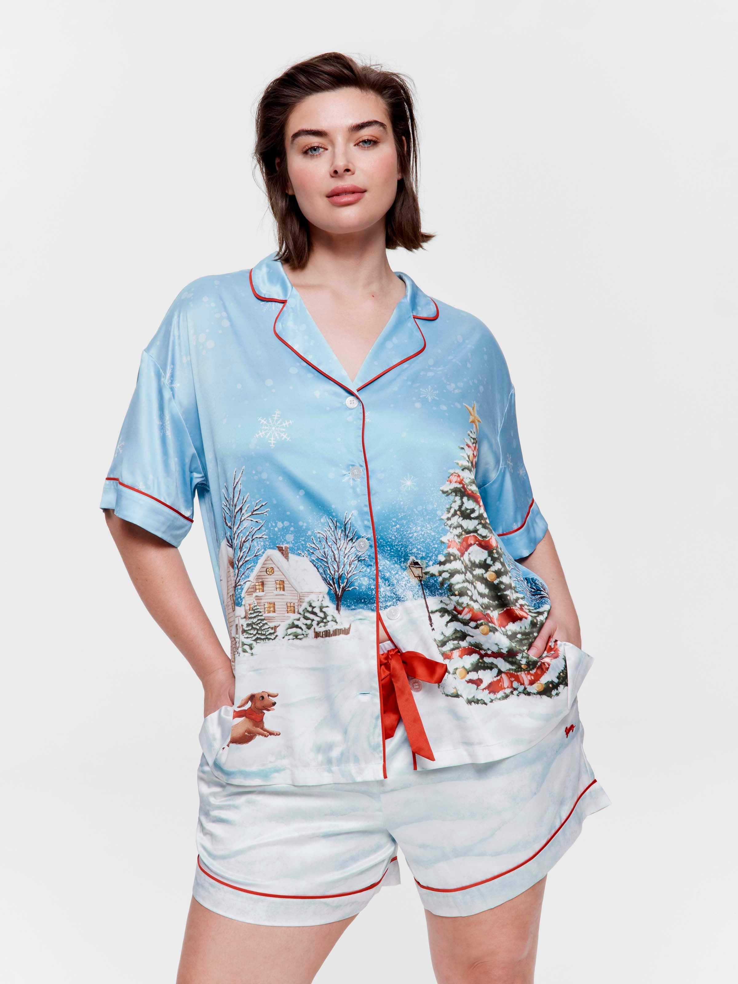 P.A. Plus Christmas Scene Chic Satin Boxed Shortie Pj Set