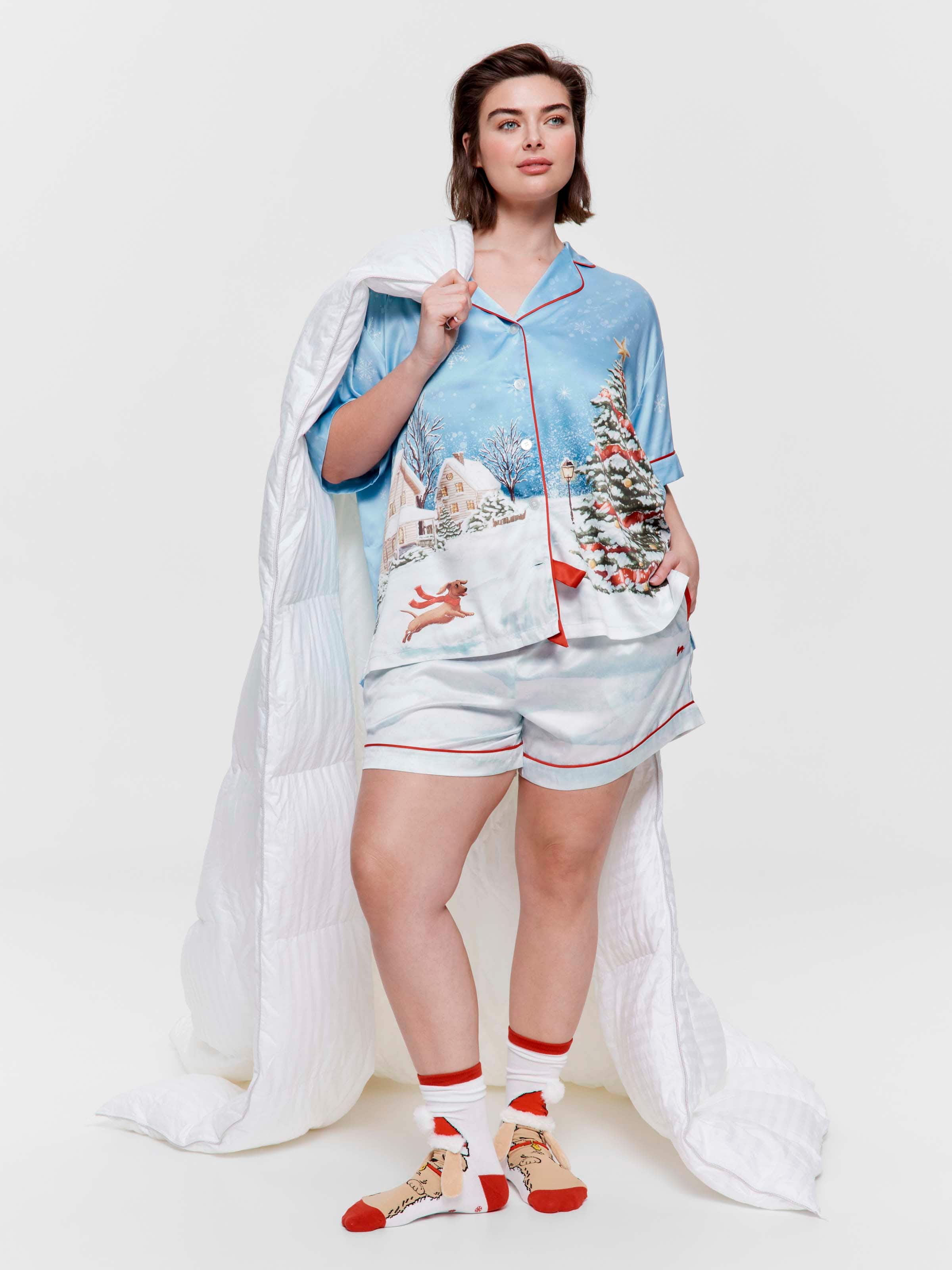 P.A. Plus Christmas Scene Chic Satin Boxed Shortie Pj Set