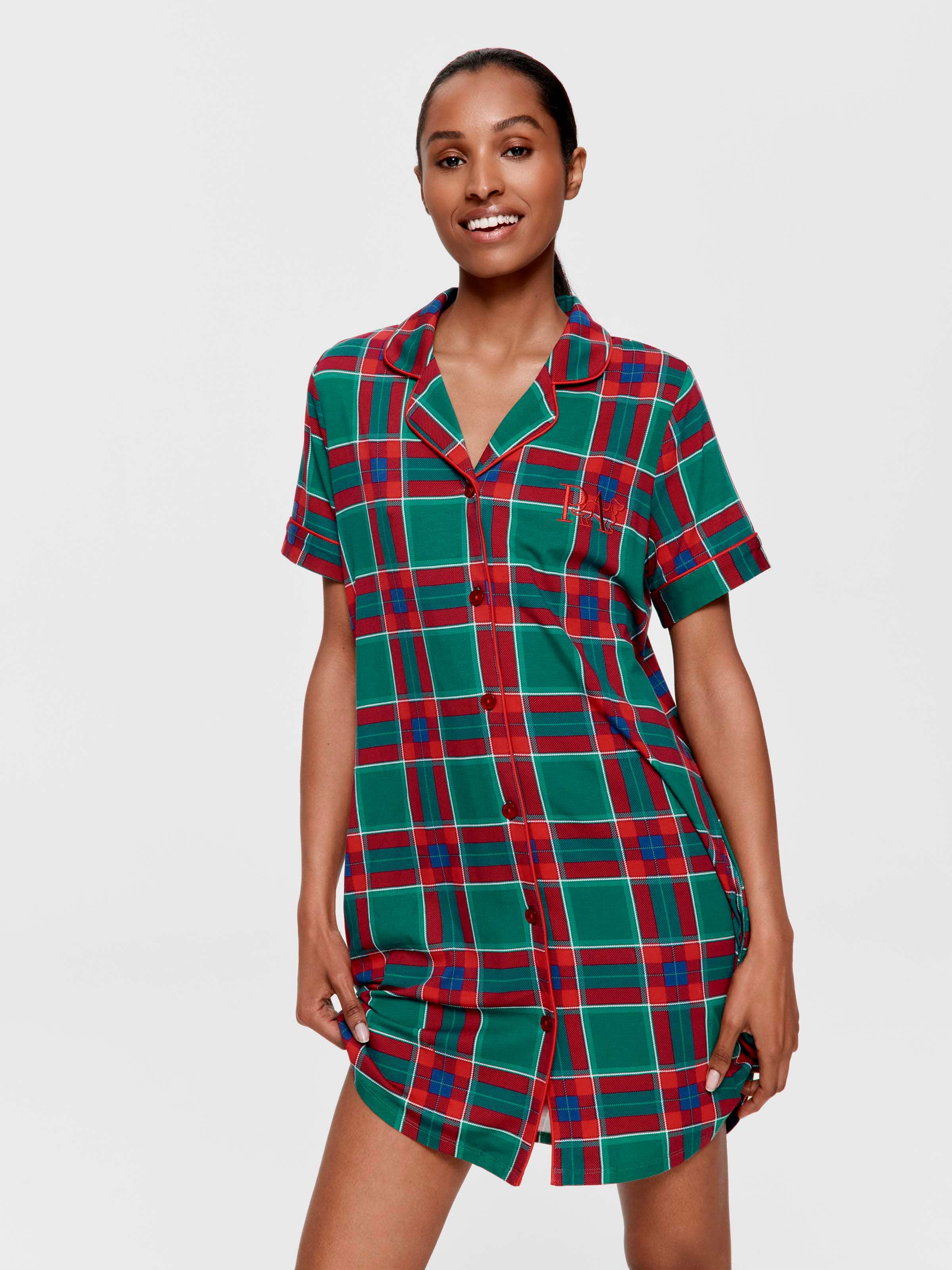 Green Tartan Bamboo Jersey Short Sleeve Nightshirt
