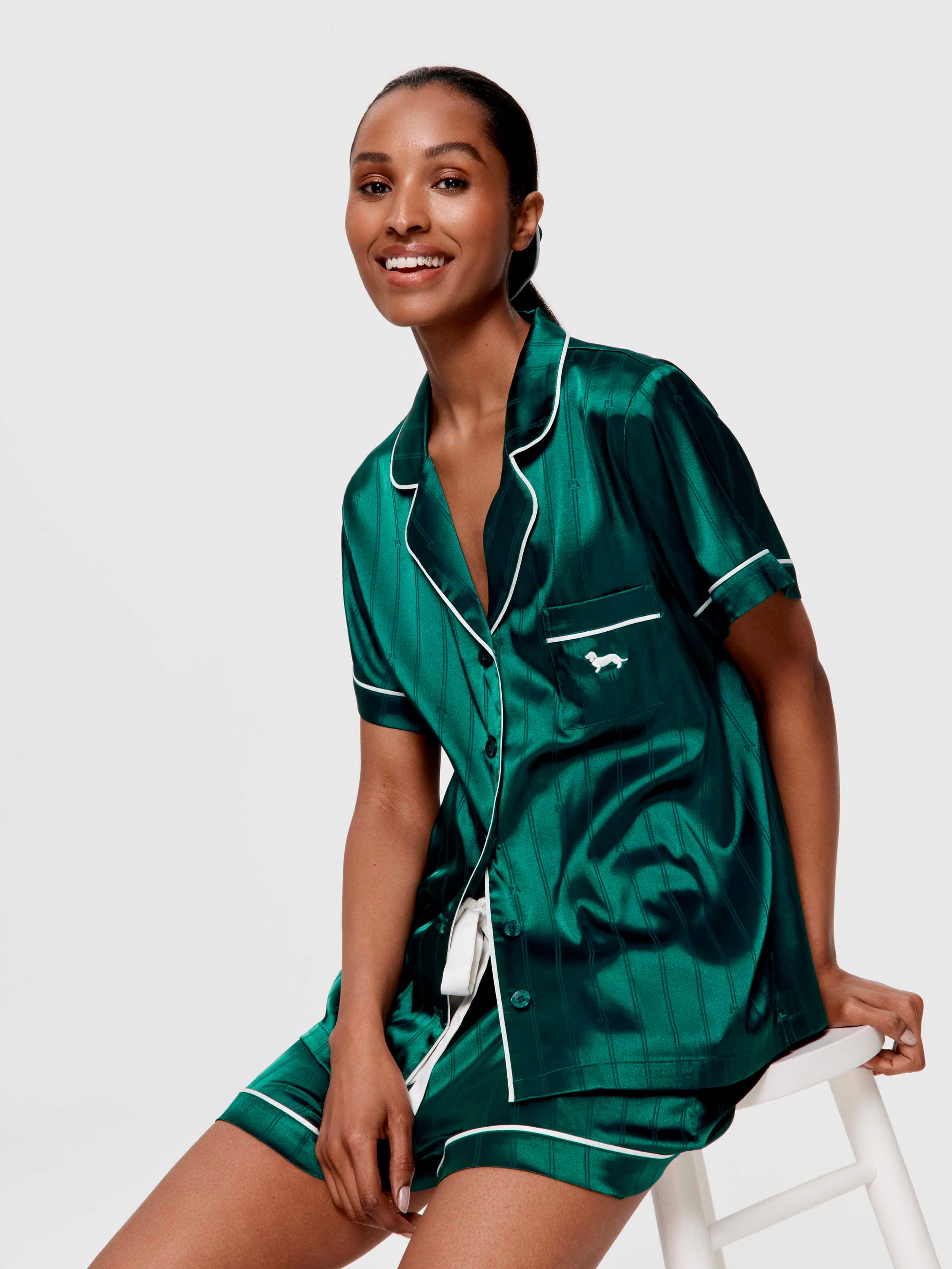 Green Stripe Chic Satin Boxed Shortie Pj Set Green - Peter