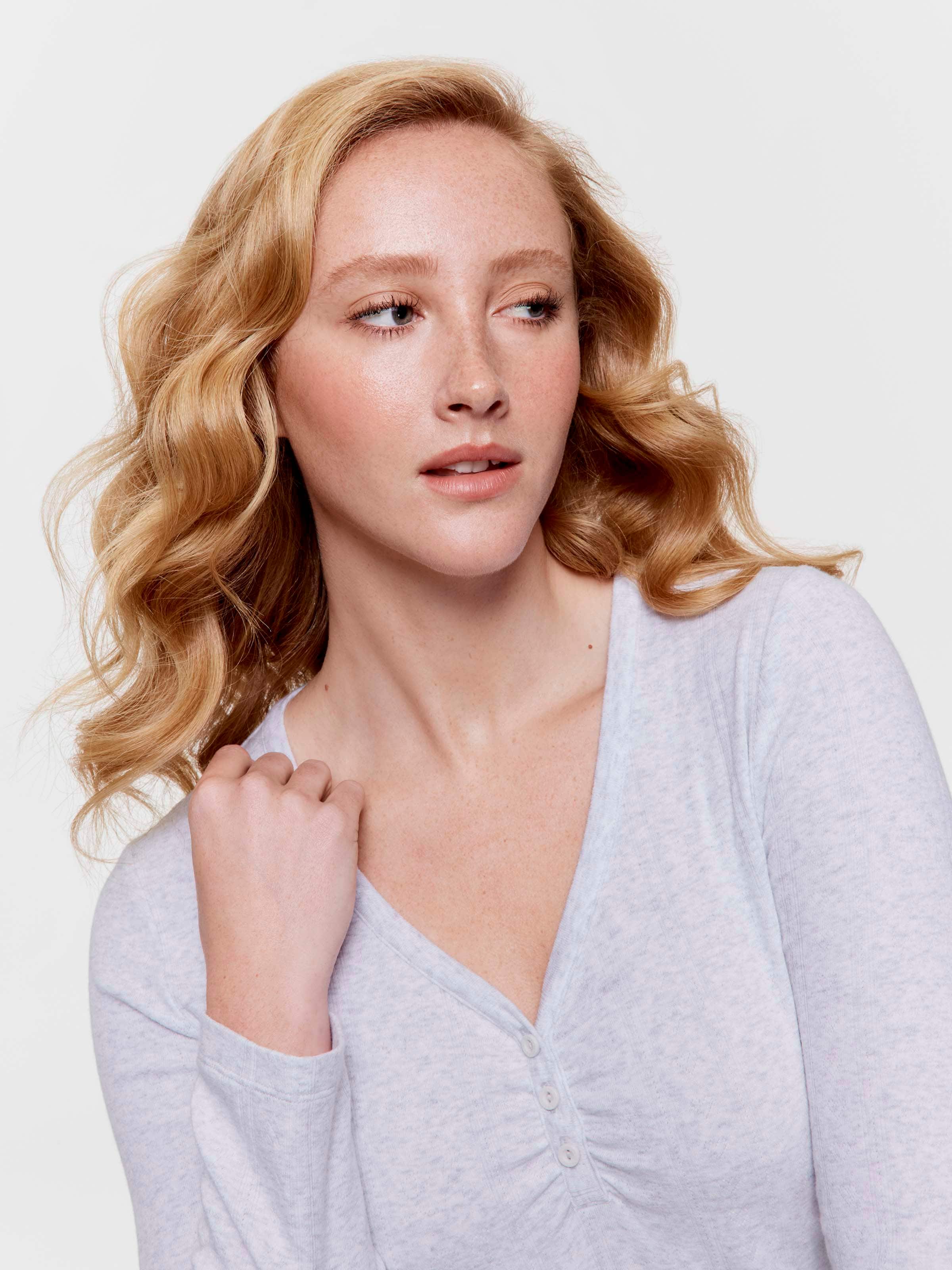 Grey Pointelle Henley Long Sleeve Top