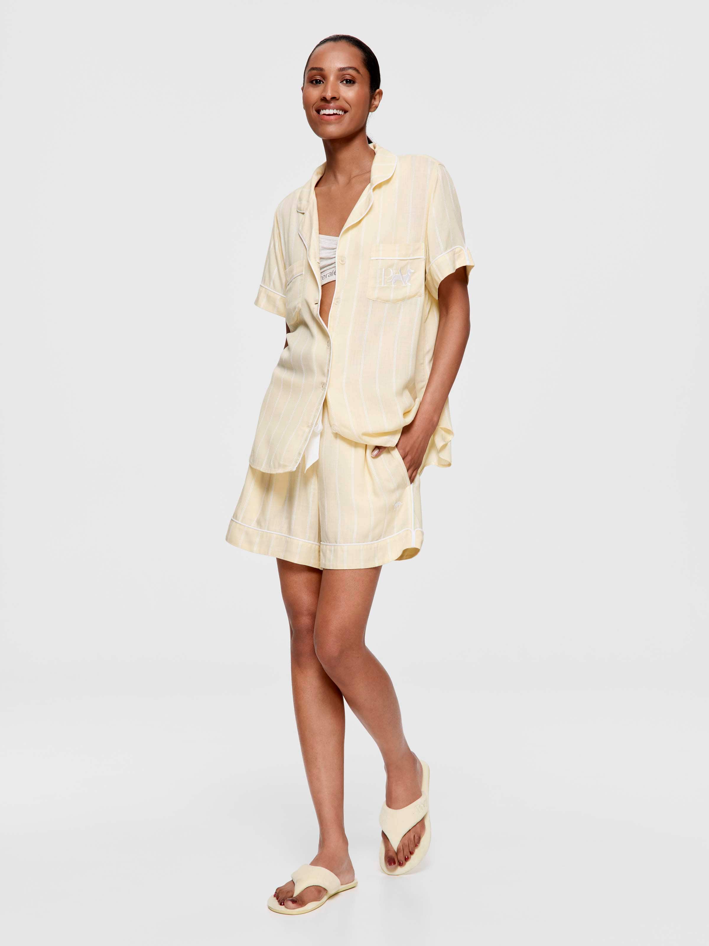 Butter Yellow Textured Stripe Relaxed Mid Short