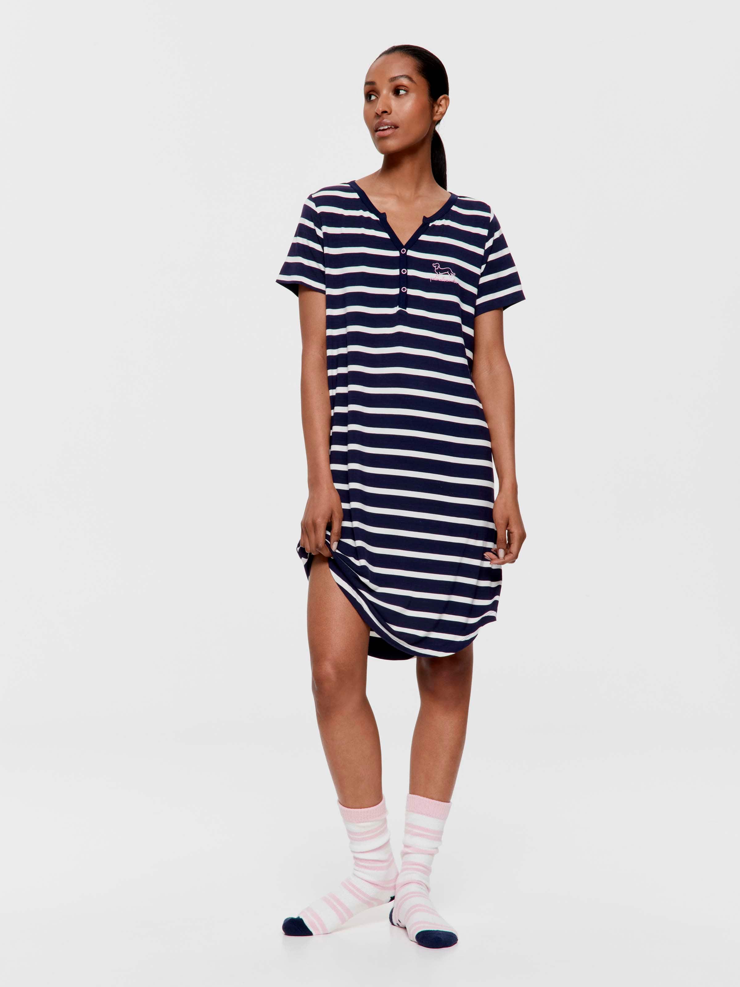 Navy Stripe Bamboo Jersey Henley Short Sleeve Nightie