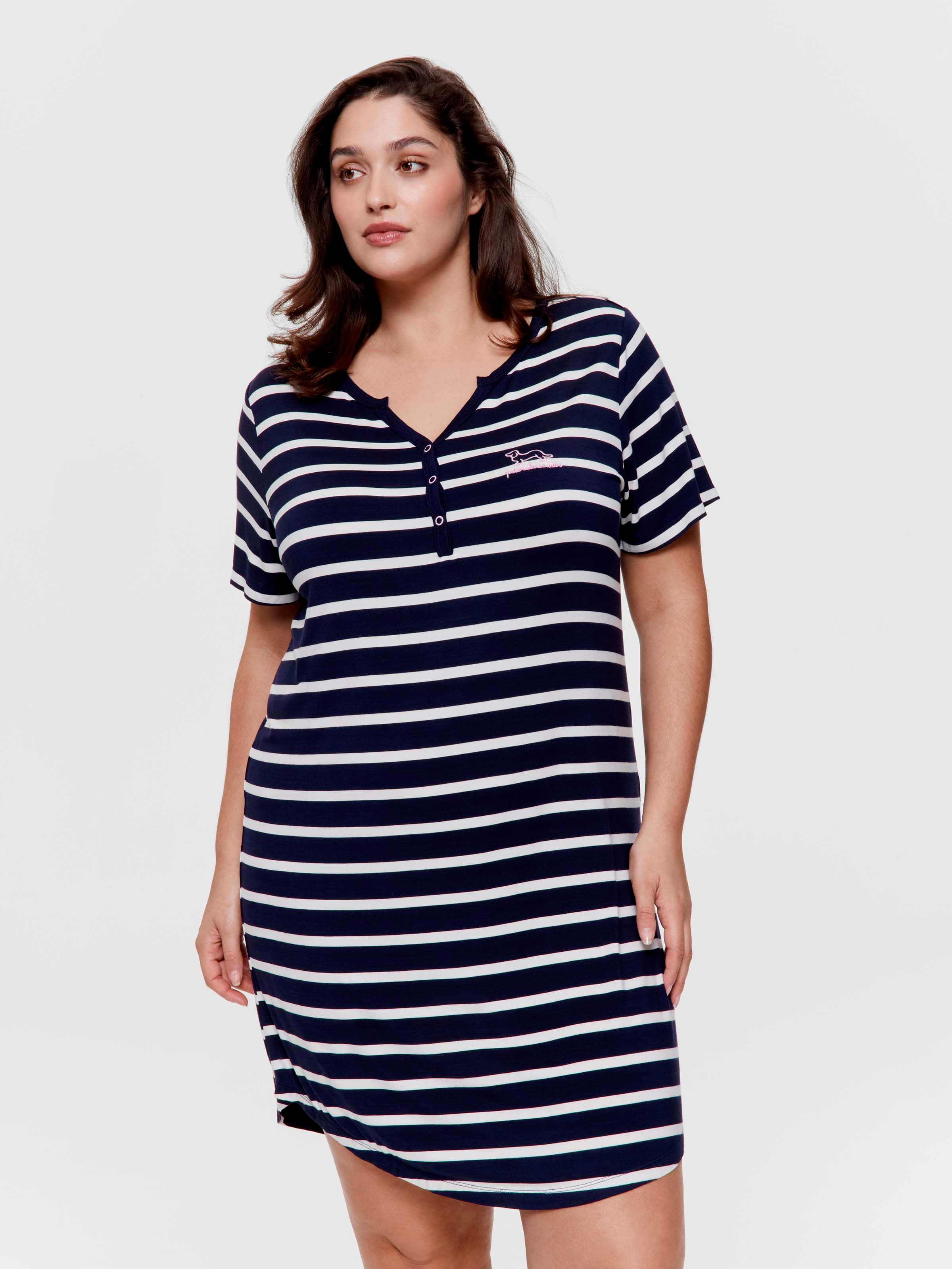 P.A. Plus Navy Stripe Bamboo Jersey Henley Short Sleeve Nightie