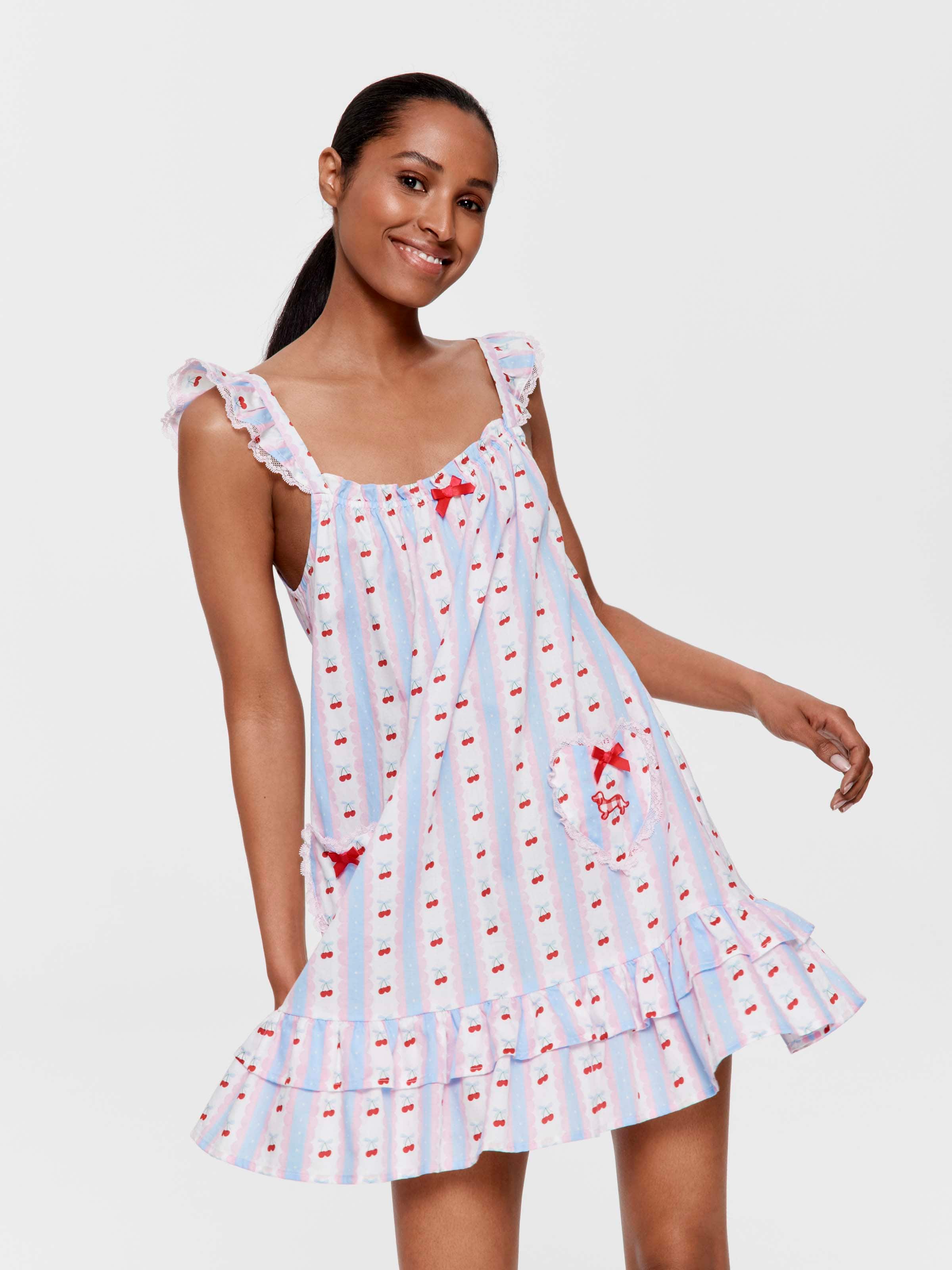 Cherry Stripe Frill 100% Soft Cotton Fashion Nightie