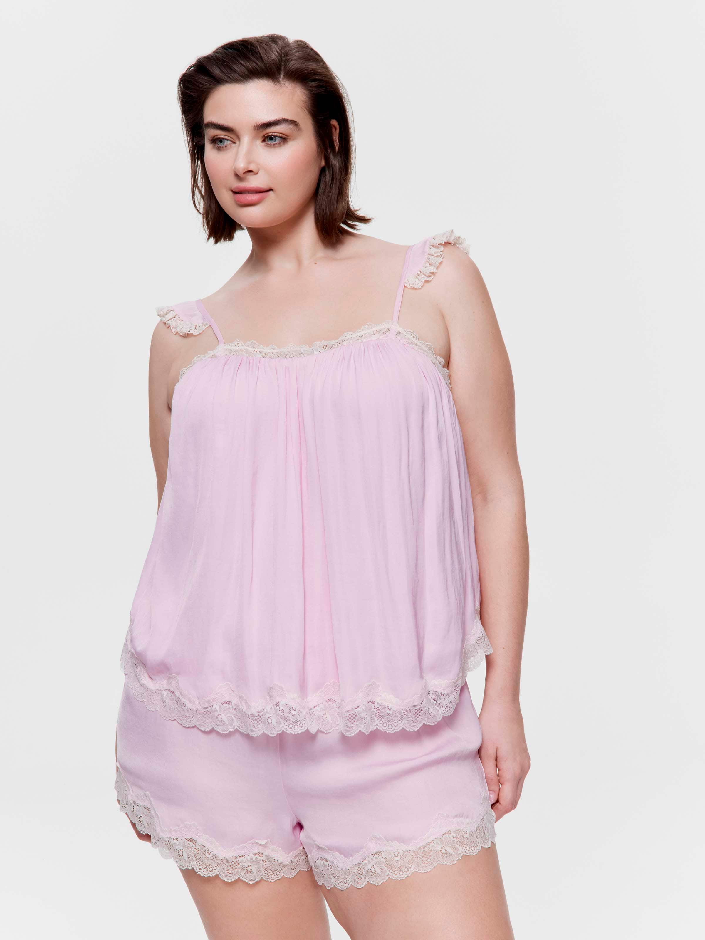 P.A. Plus Pink Lace Trim Cami Shortie Pj Set
