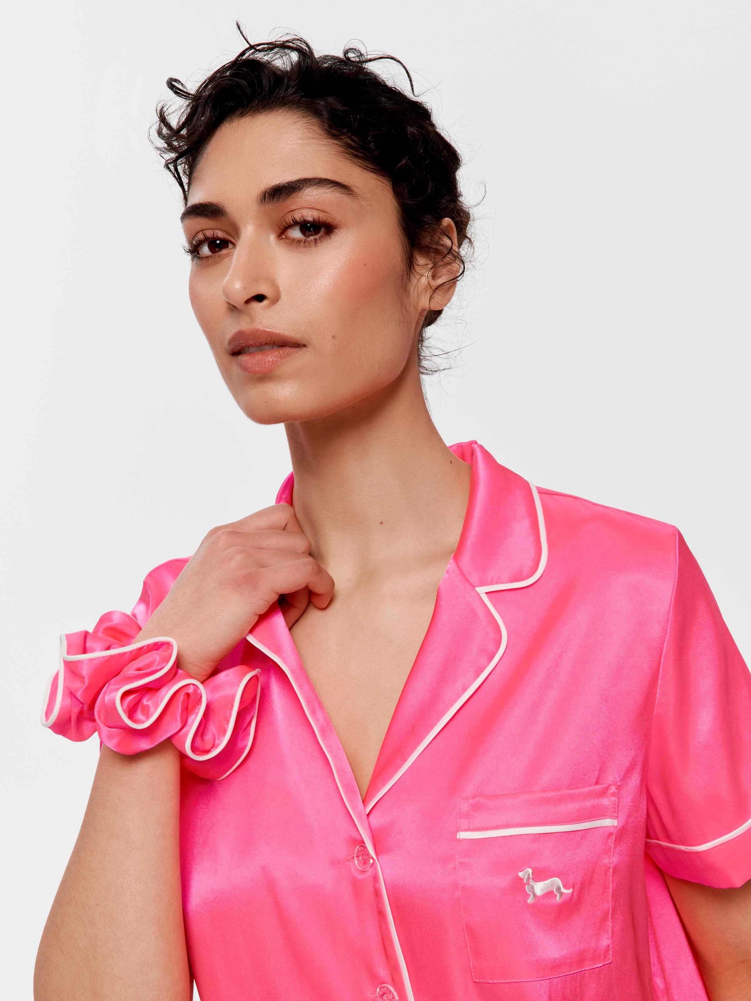 Fluro Pink Chic Satin Short Sleeve Shirt