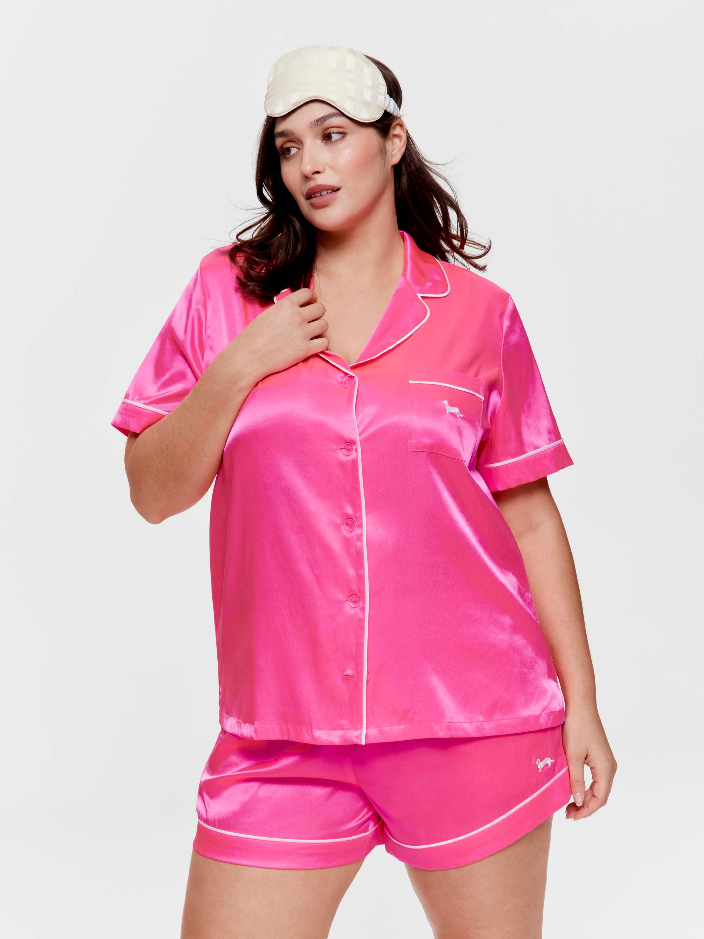 P.A. Plus Fluro Pink Chic Satin Short Sleeve Shirt