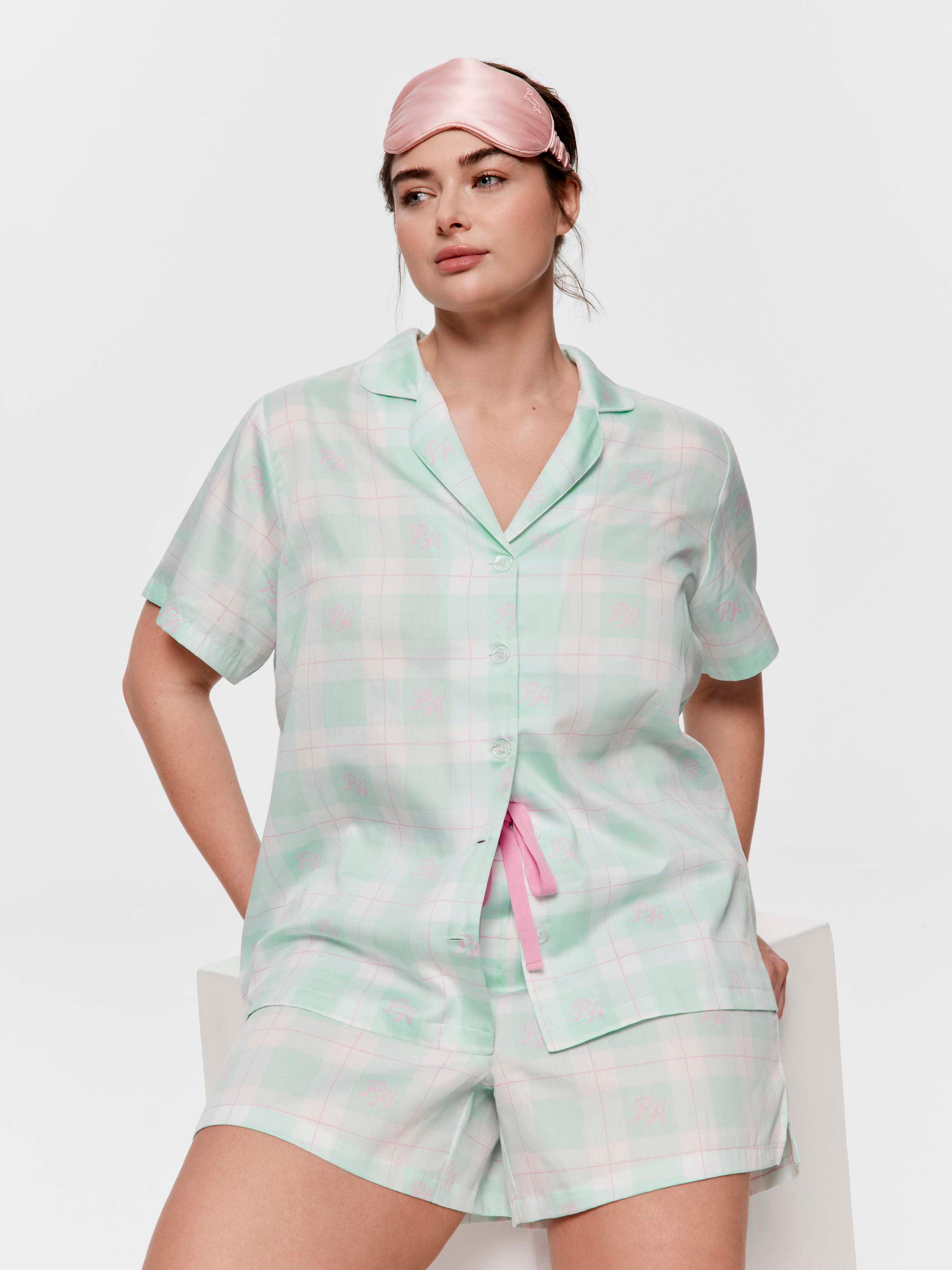 P.A. Plus Mint Check 100% Cotton Shortie Pj Set