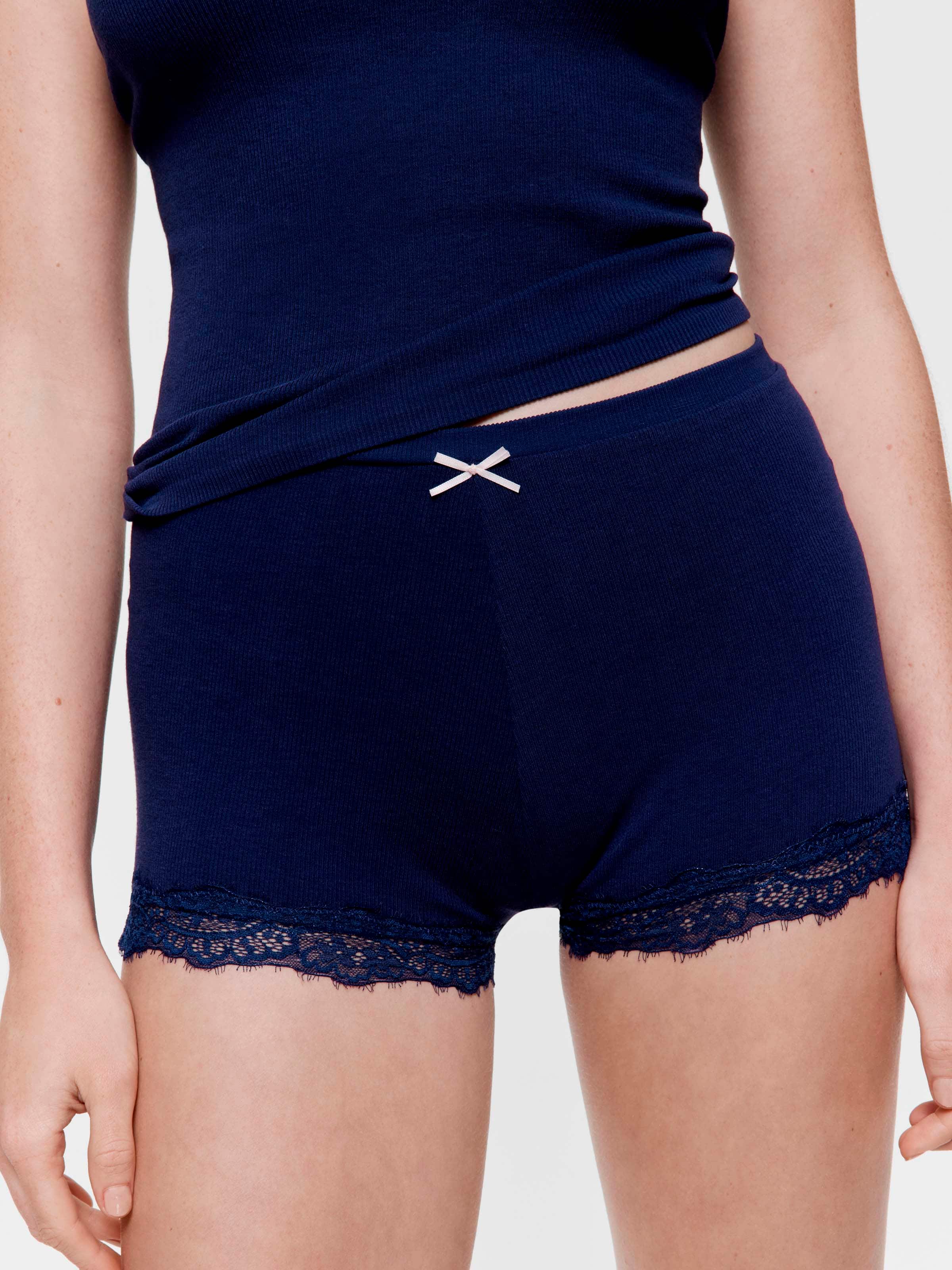 Navy Seamless Lace Trim Mini Short