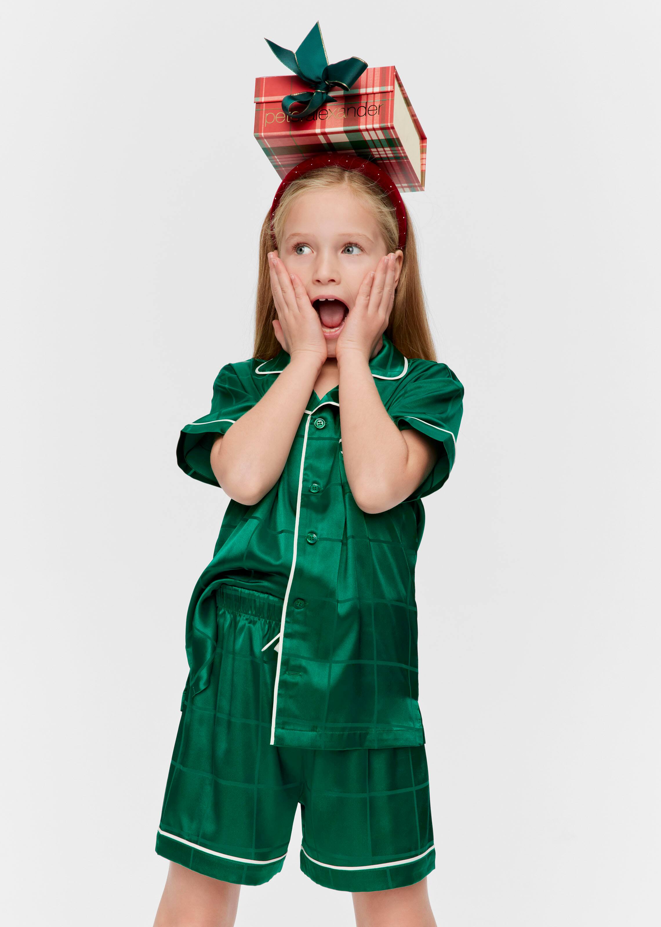 Jnr Kids Green Check Satin Classic Short Pj Set