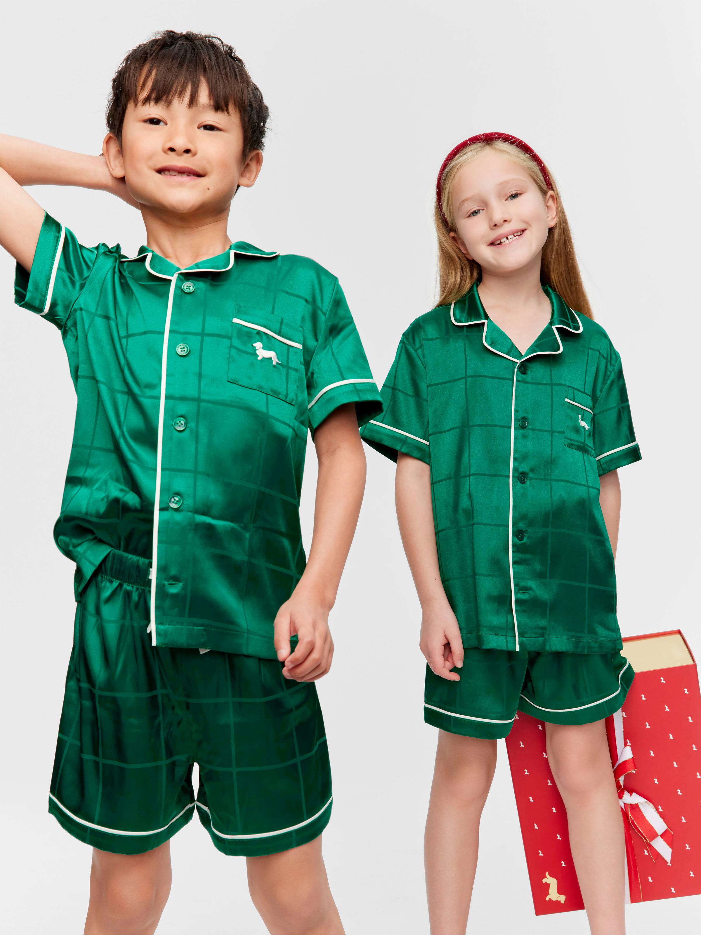 Jnr Kids Green Check Satin Classic Short Pj Set