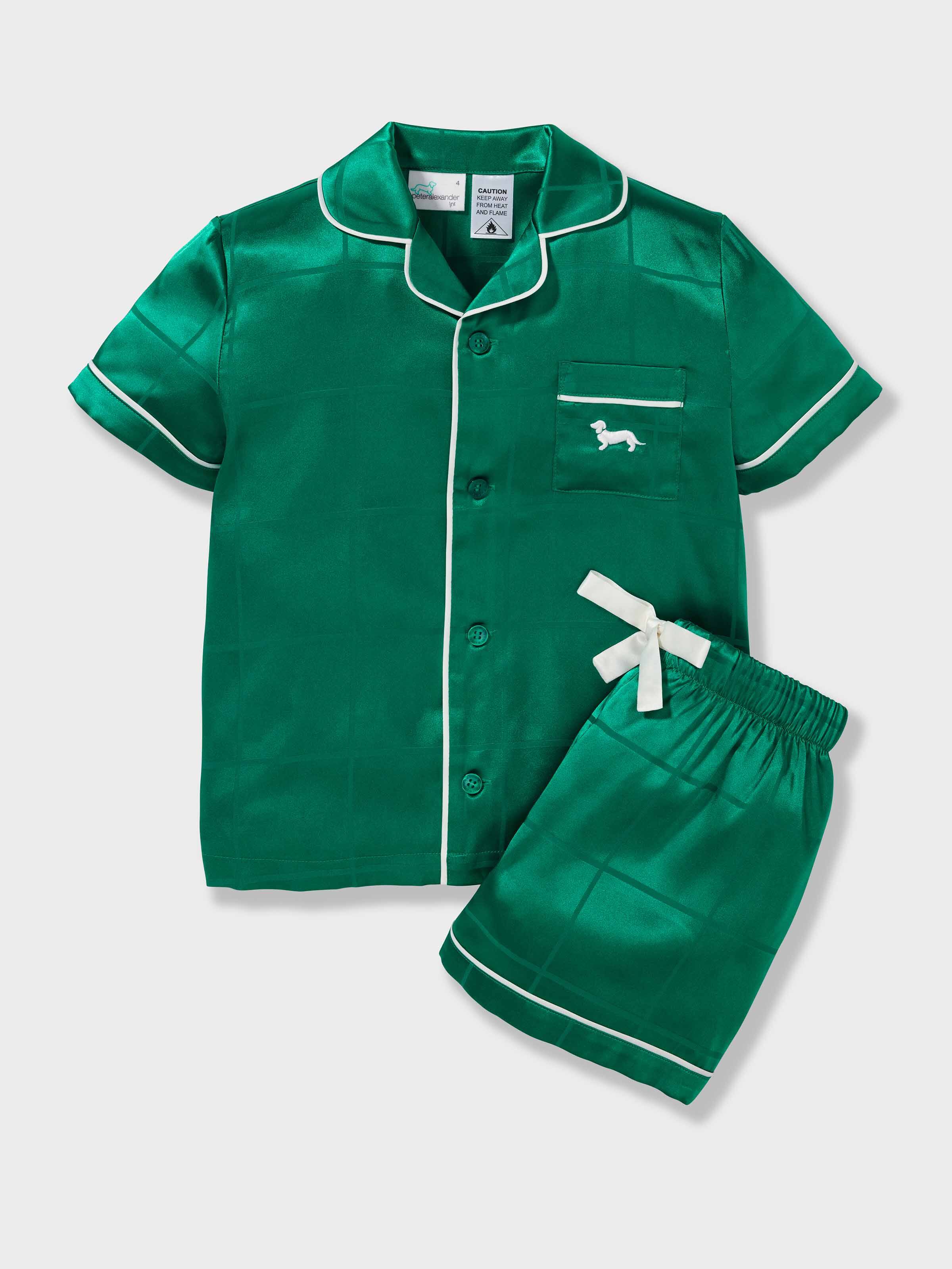 Kids Green Check Satin Classic Short Pj Set