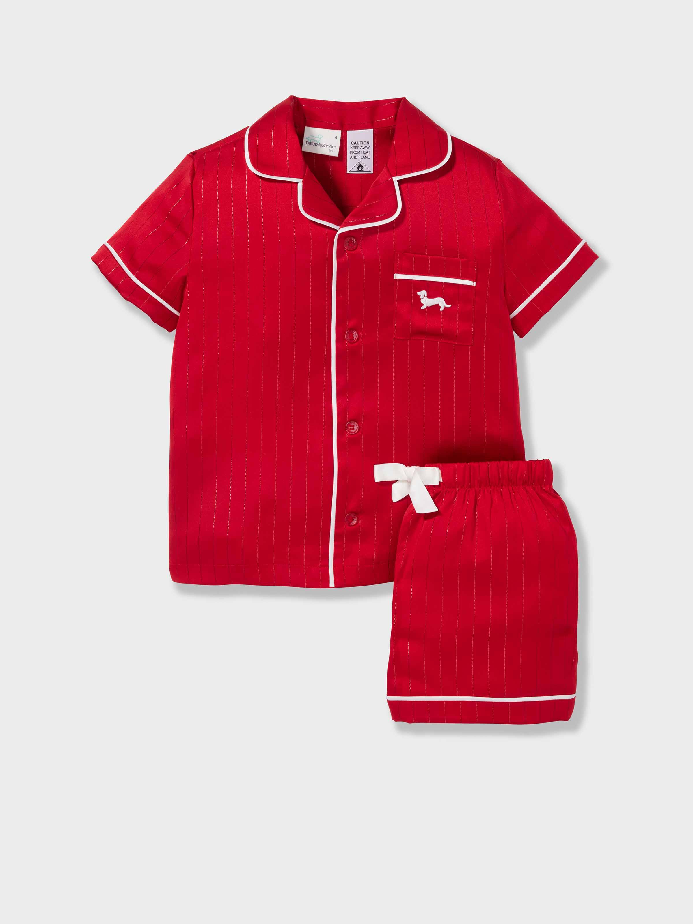 Jnr Kids Red Lurex Satin Classic Short Pj Set