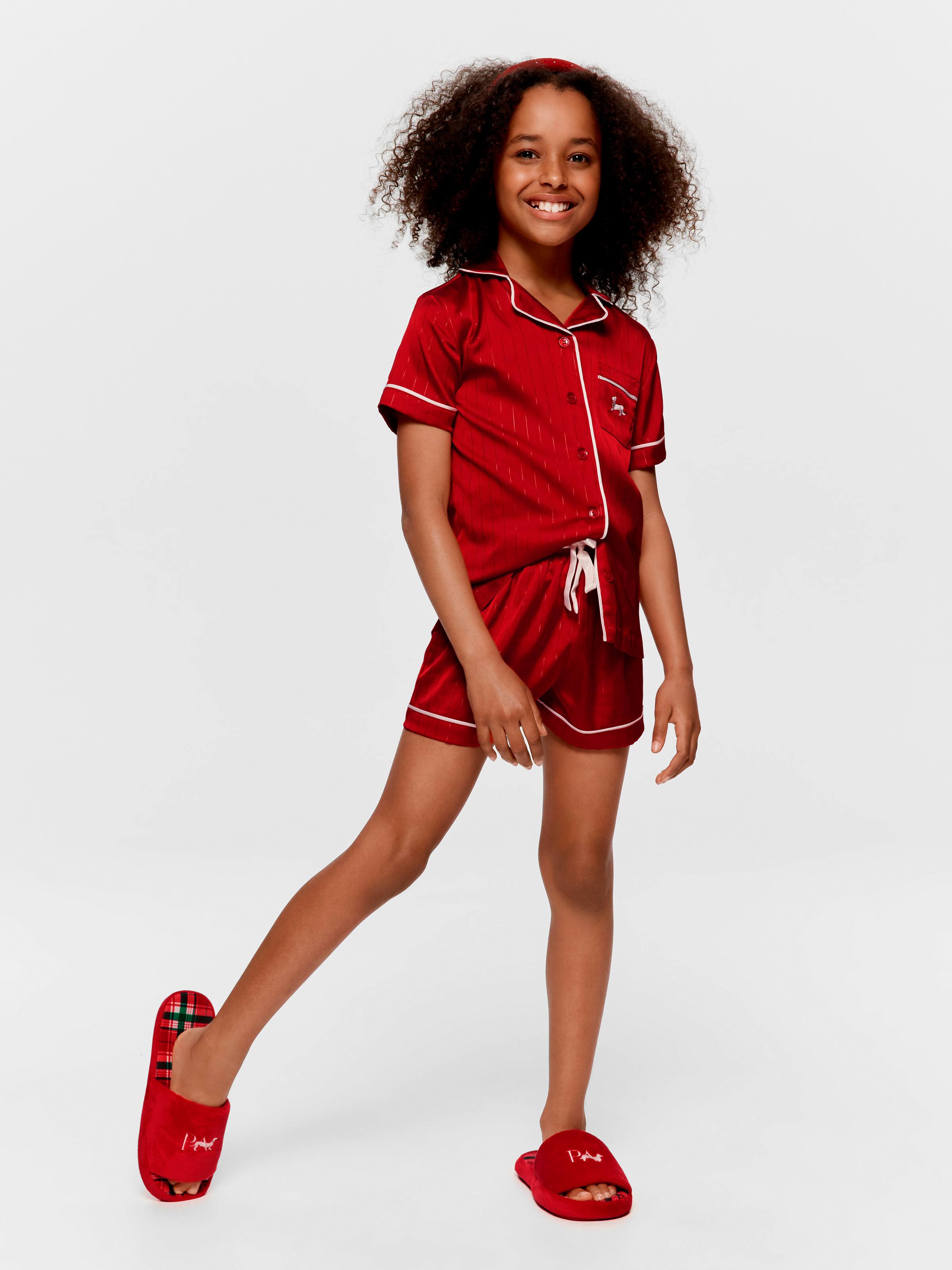 Kids Red Lurex Satin Classic Short Pj Set