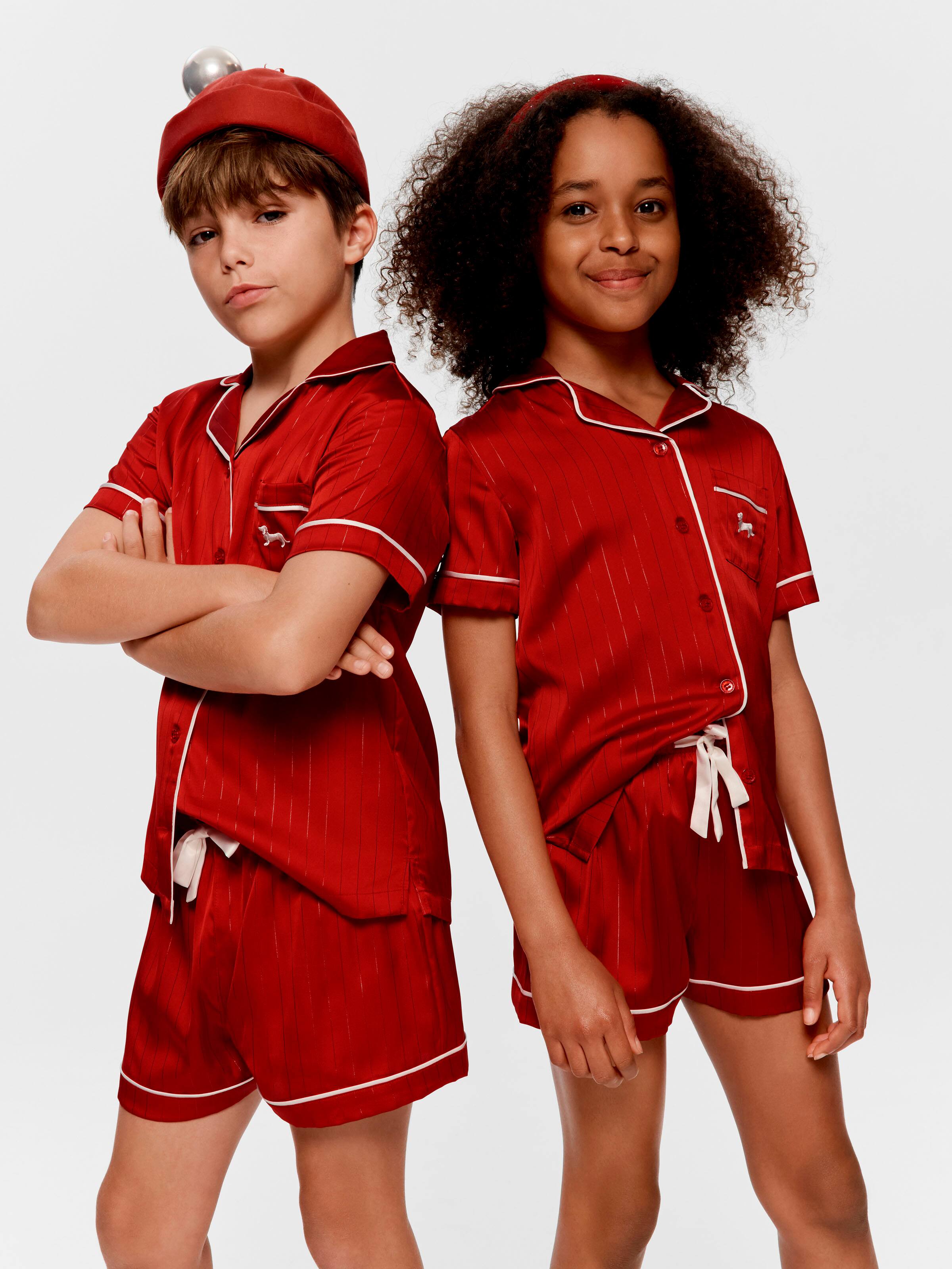 Kids Red Lurex Satin Classic Short Pj Set