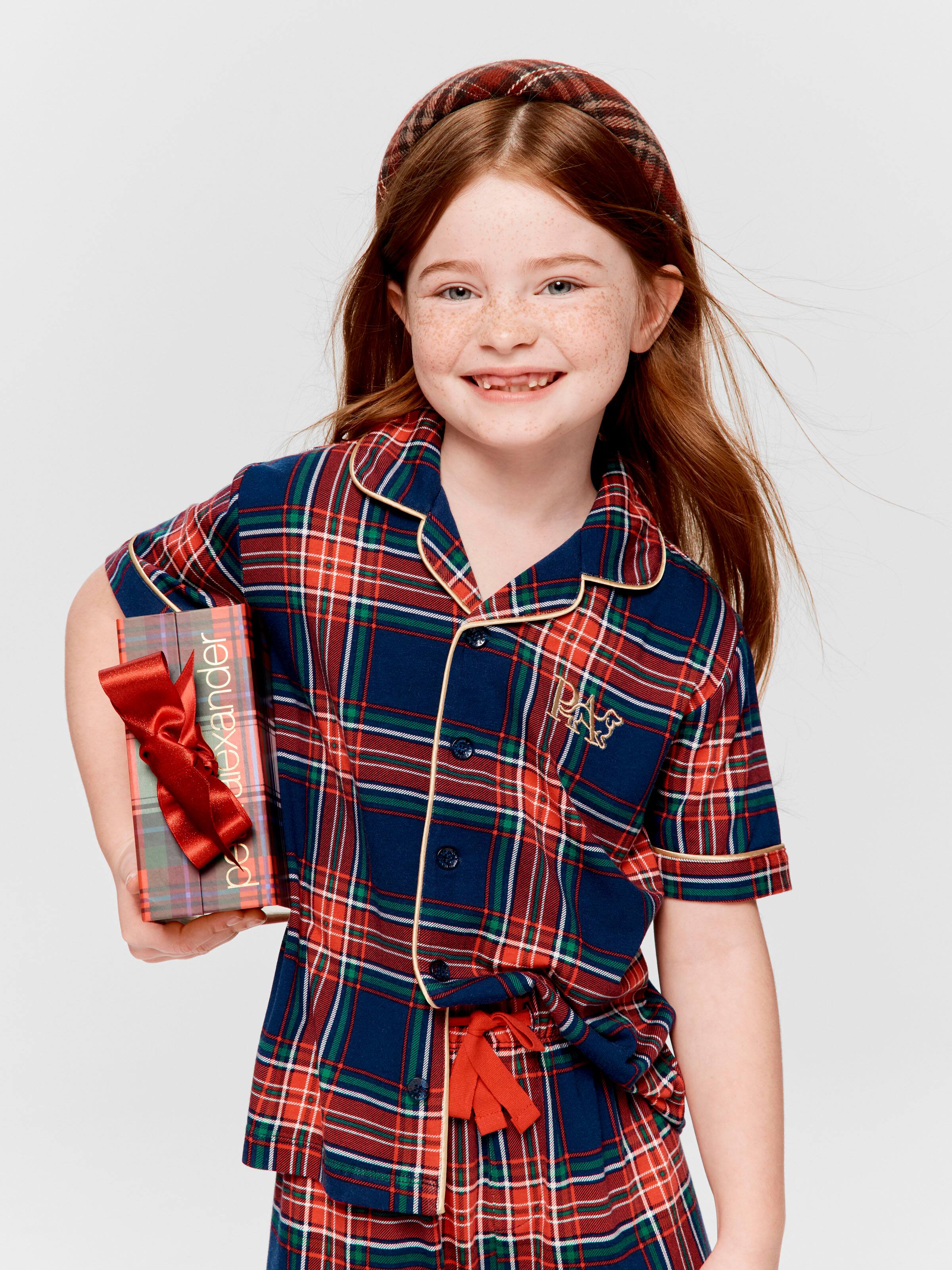 Jnr Kids Navy Tartan Bamboo Blend Classic Short Pj Set