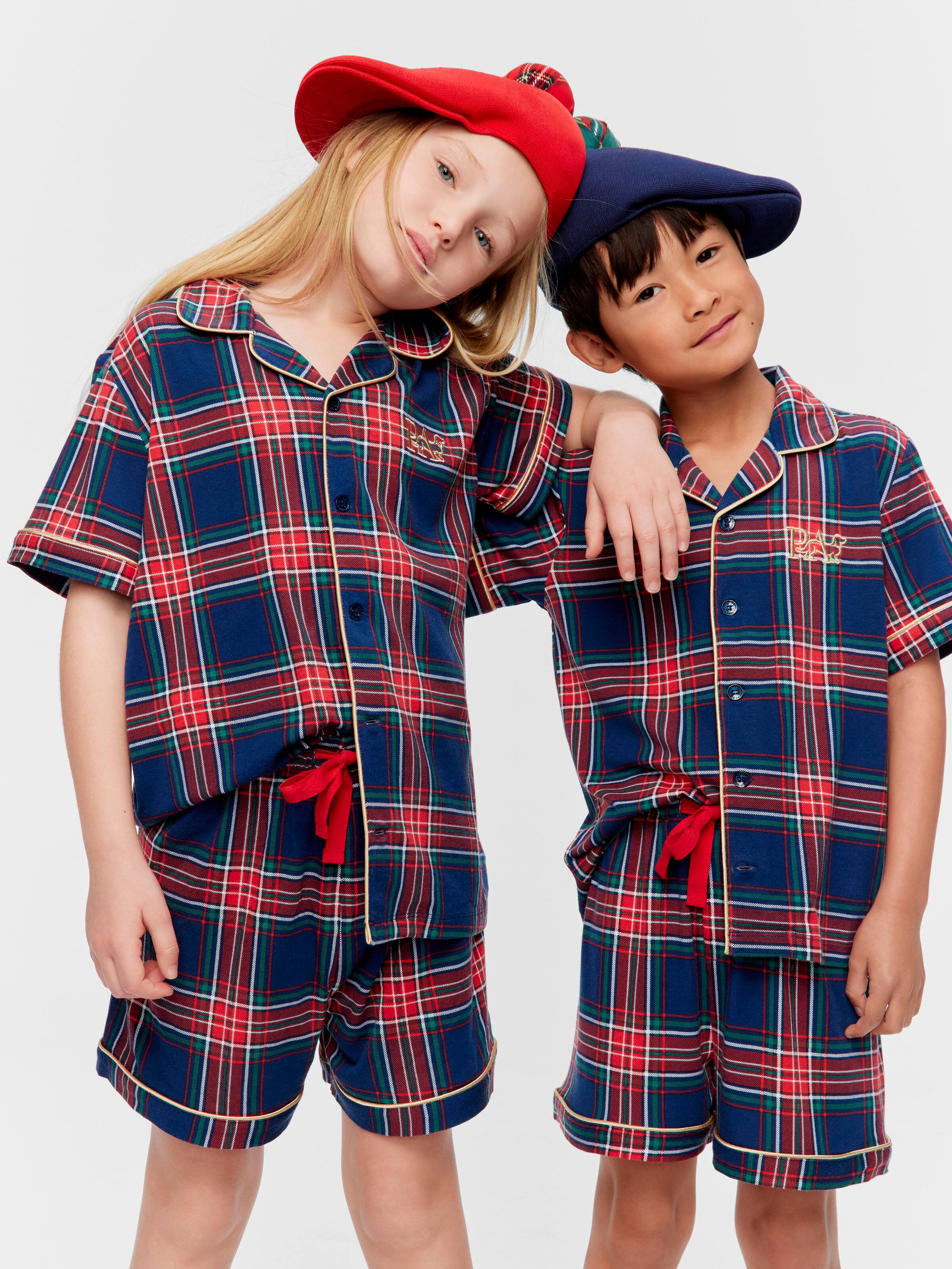 Jnr Kids Navy Tartan Bamboo Blend Classic Short Pj Set