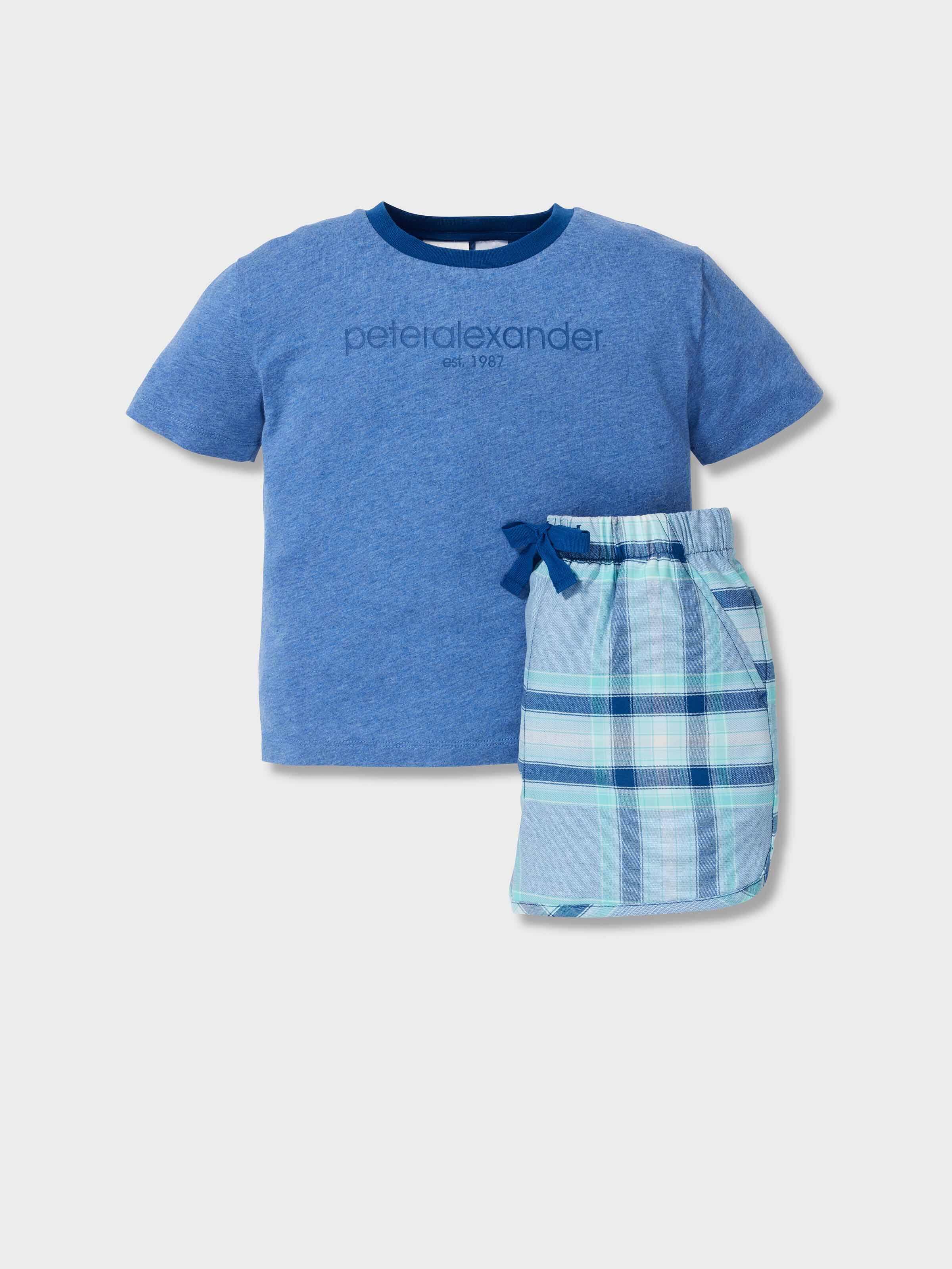 Jnr Boys Bluecheck 100% Cotton Short Pj Set