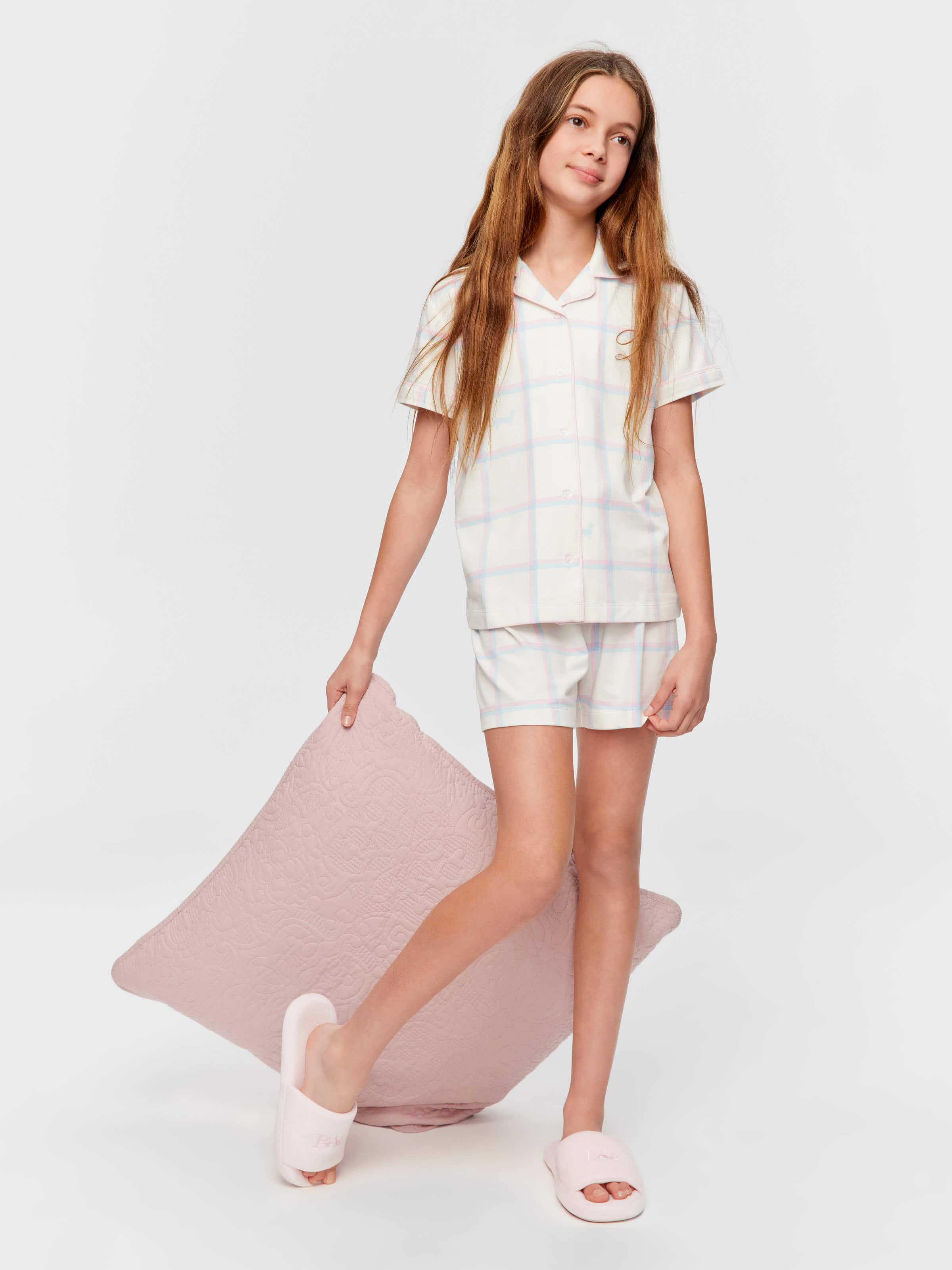 Girls Cream Windowpane Shortie Pj Set