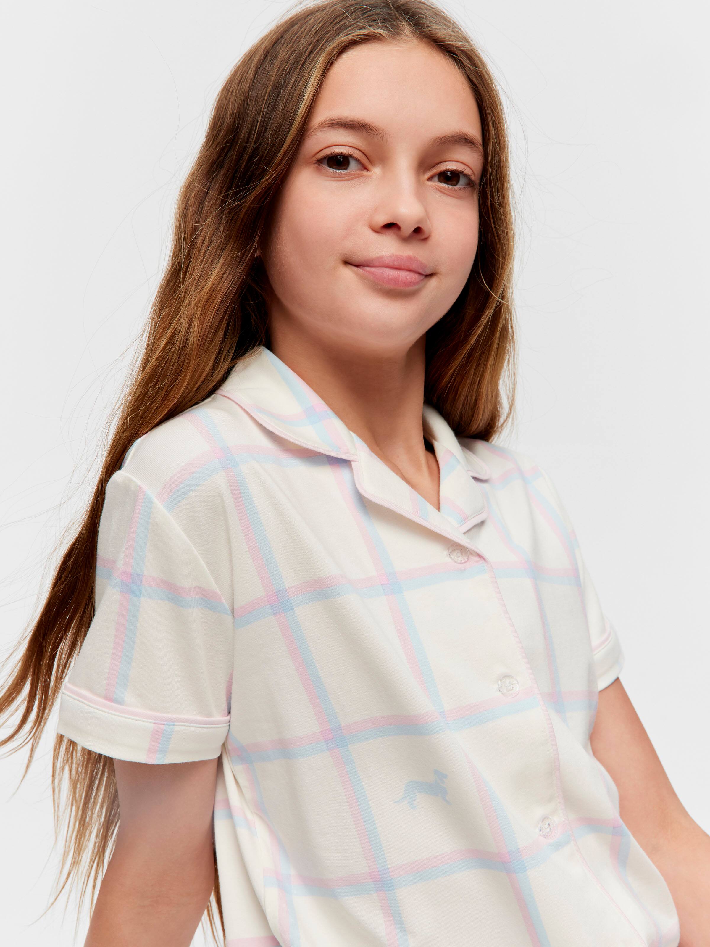 Girls Cream Windowpane Shortie Pj Set