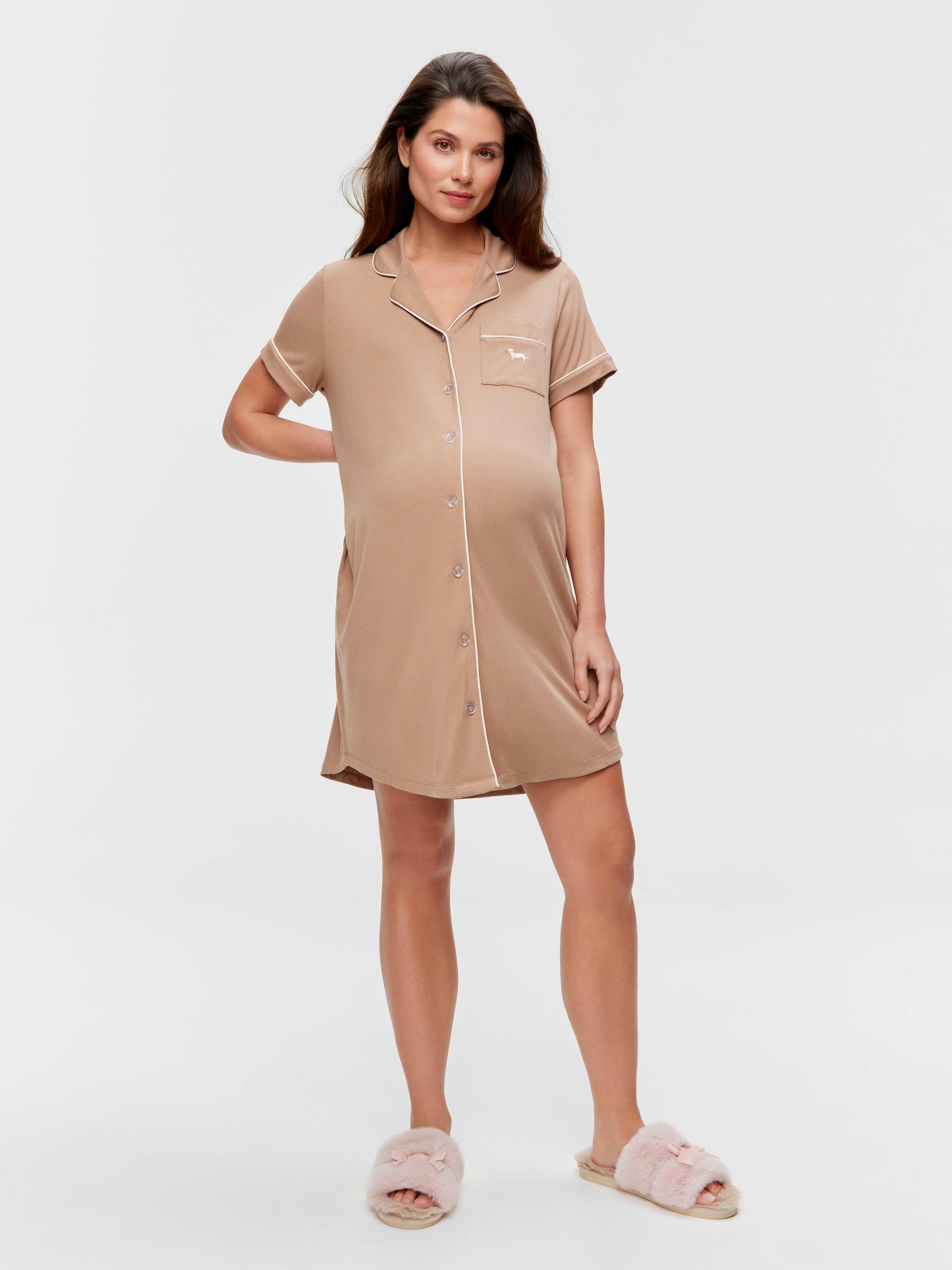 Maternity Caramel Bamboo Rib Short Sleeve Nightshirt