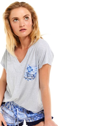 Tile Print Woven Pocket Tee