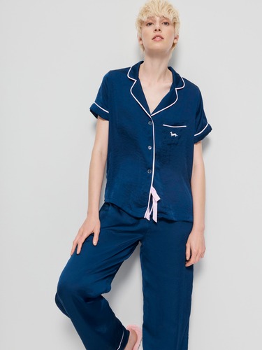Short Sleeve Navy Chic Satin Pj Set                                                                                             