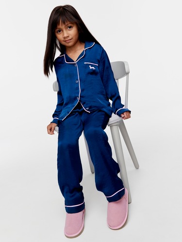 Jnr Girls Long Navy Chic Satin Pj Set